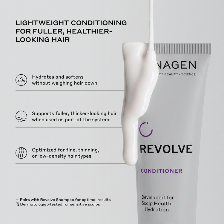 Revolve Conditioner tube shown on a light gray background with descriptive text and a white cream product dripping down the tube.
