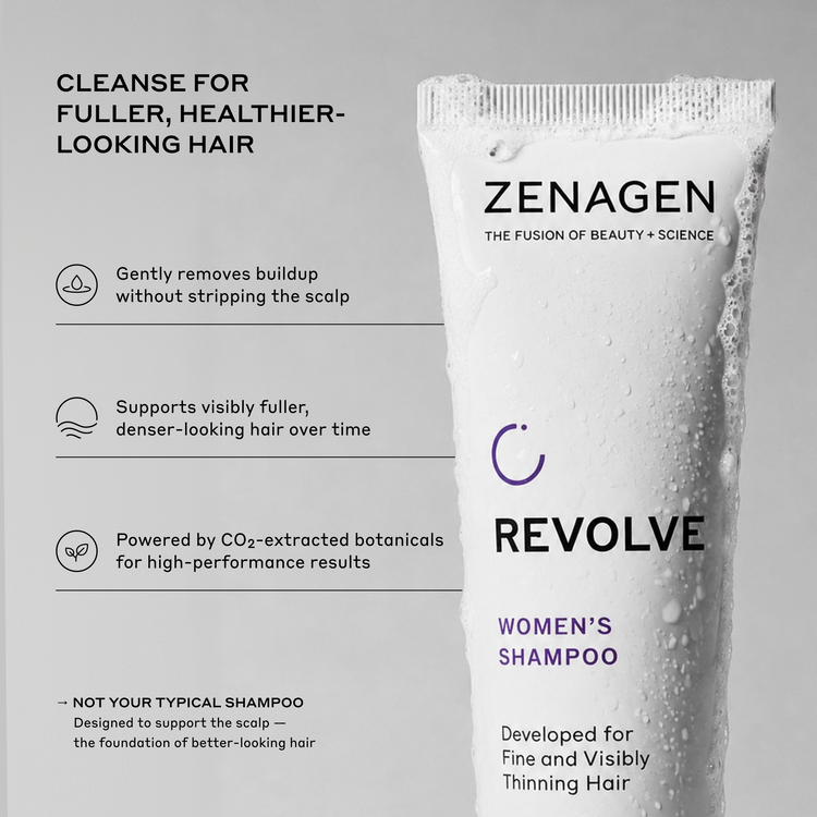 Zenagen Revolve Women's Shampoo in a white squeeze tube with water droplets, shown next to marketing text on a light gray background.