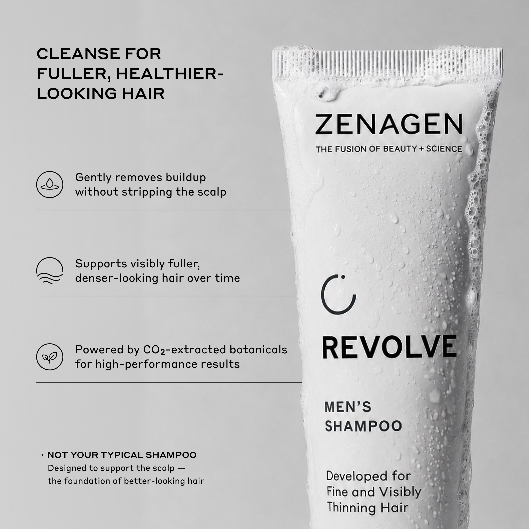 Zenagen Revolve Women’s Shampoo and Conditioner product benefits graphic featuring the two products.
