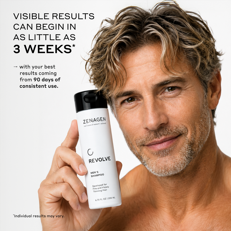 Man holding a bottle of Zenagen Revolve Men's Shampoo with promotional text about visible results.