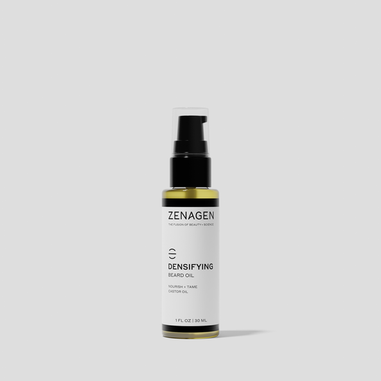 Zenagen Densifying Beard Oil featuring castor oil to help condition, soften, and tame beard hair while enhancing appearance and manageability.