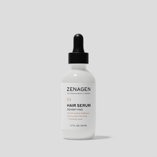 Zenagen Densifying Hair Serum travel size featuring a lightweight water-based formula developed for fine and visibly thinning hair.