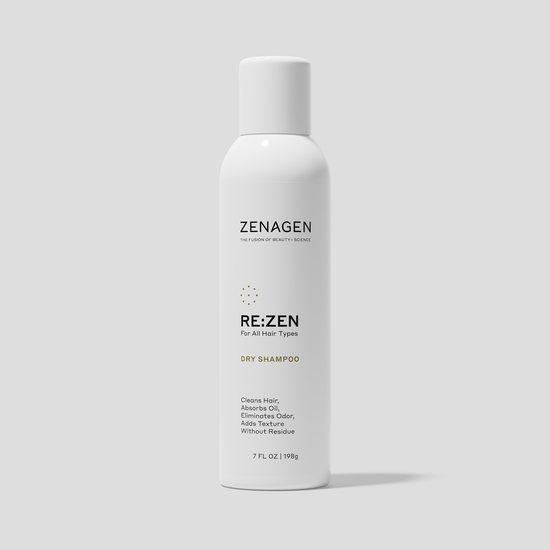 Zenagen RE:ZEN Dry Shampoo for all hair types, designed to absorb excess oil, refresh hair between washes, and add lightweight texture.