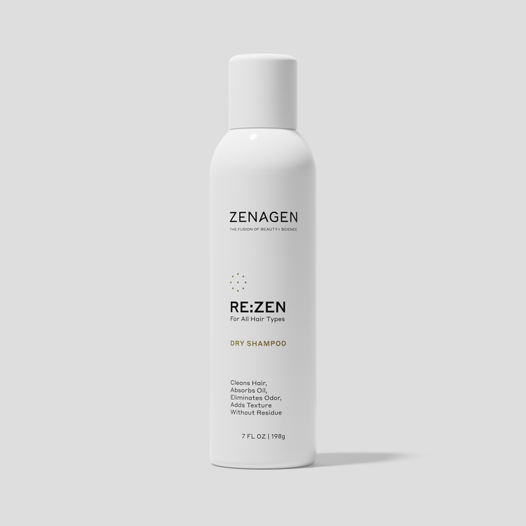 Zenagen RE:ZEN Dry Shampoo for all hair types, designed to absorb excess oil, refresh hair between washes, and add lightweight texture.