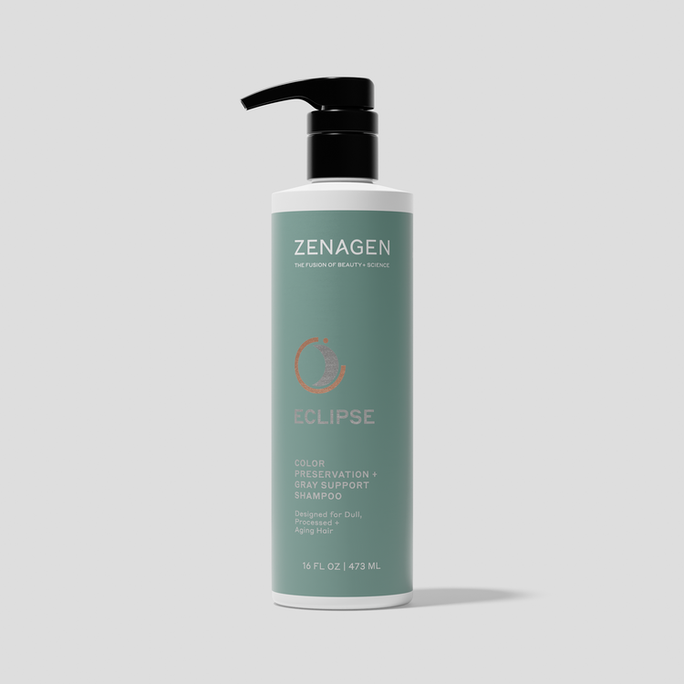 Zenagen Eclipse Color Preservation and Gray Support Shampoo designed for dull, processed, and aging hair.