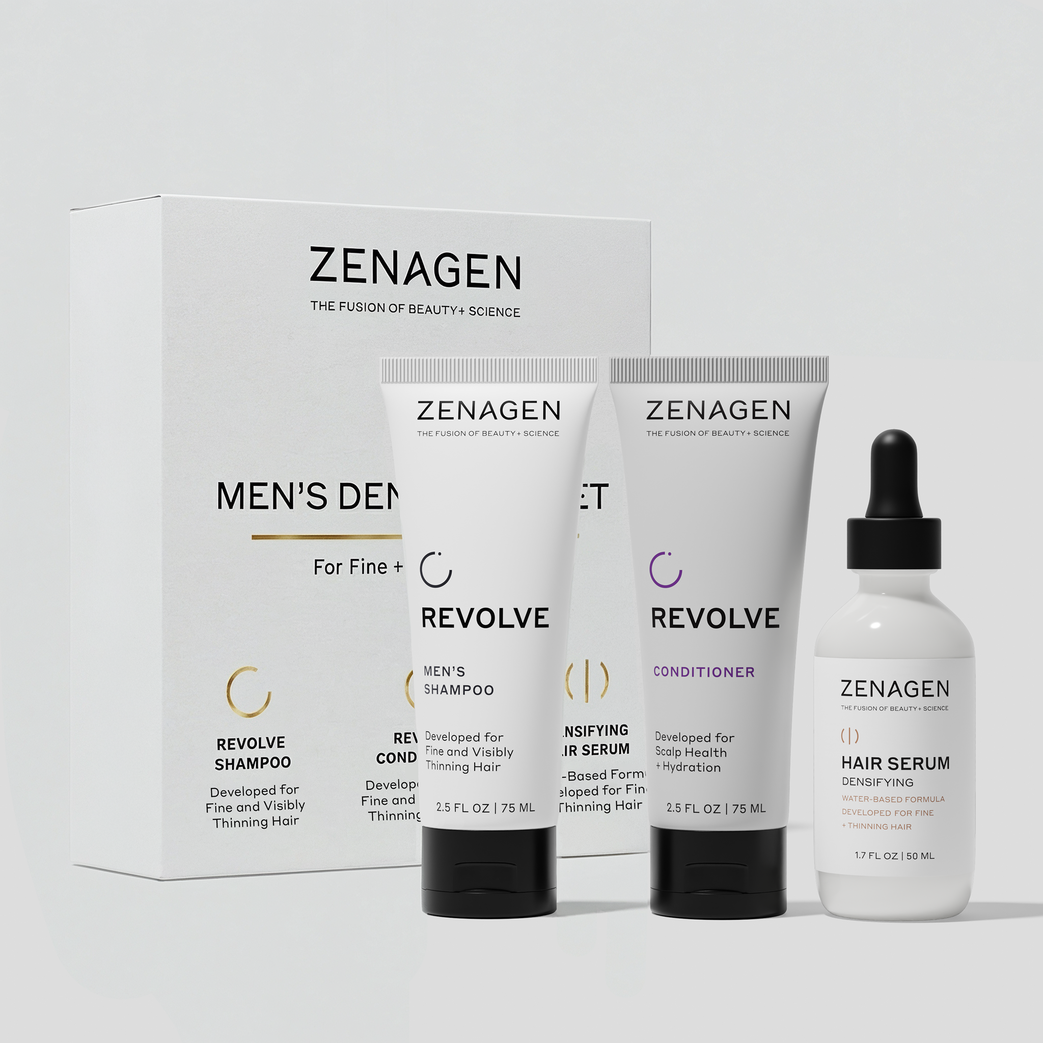 Zenagen Men’s Densifying Hair Care Set featuring Revolve Men’s Shampoo, Revolve Conditioner, and Densifying Hair Serum for fine and visibly thinning hair.