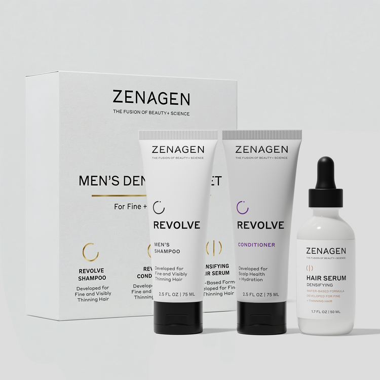 Zenagen Men’s Densifying Hair Care Set featuring Revolve Men’s Shampoo, Revolve Conditioner, and Densifying Hair Serum for fine and visibly thinning hair.
