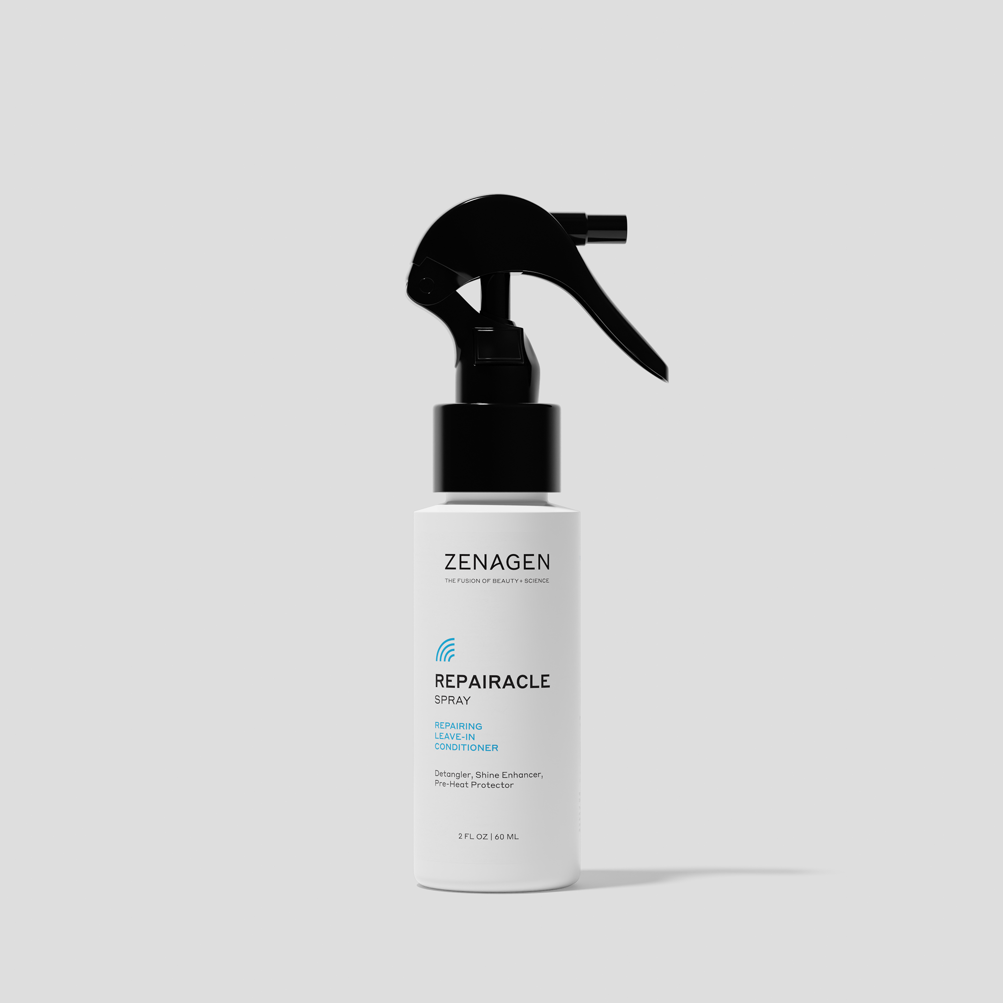 Zenagen Repairacle Spray repairing leave-in conditioner travel size featuring a lightweight conditioning formula that helps detangle hair, enhance shine, and support heat styling routines.