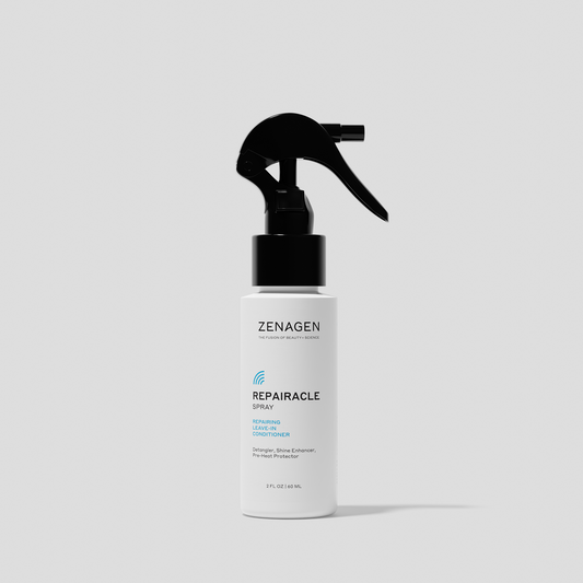 Zenagen Repairacle Spray repairing leave-in conditioner travel size featuring a lightweight conditioning formula that helps detangle hair, enhance shine, and support heat styling routines.