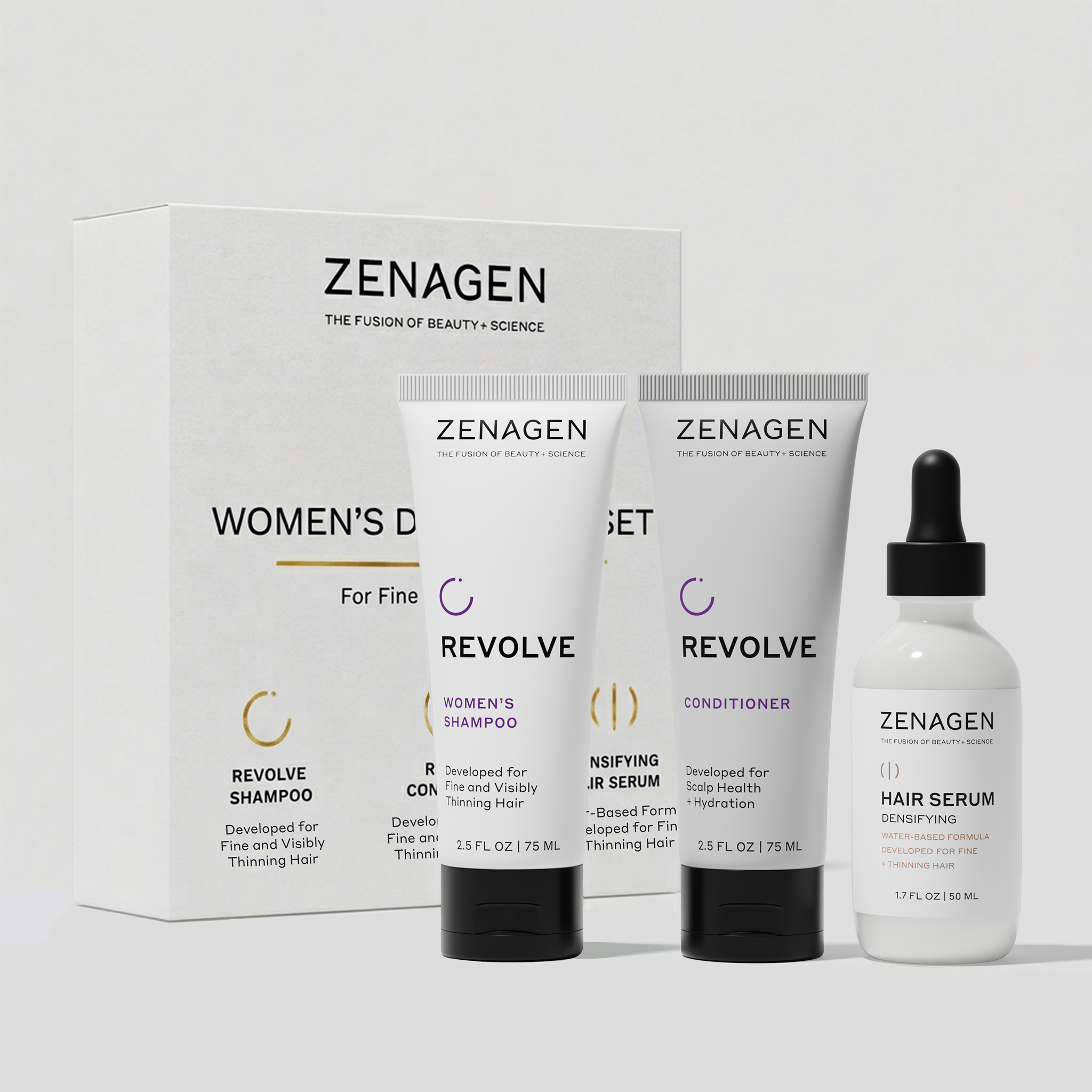 Zenagen Women’s Densifying Hair Care System featuring Revolve Women’s Shampoo, Conditioner, and Densifying Hair Serum for fine and visibly thinning hair.