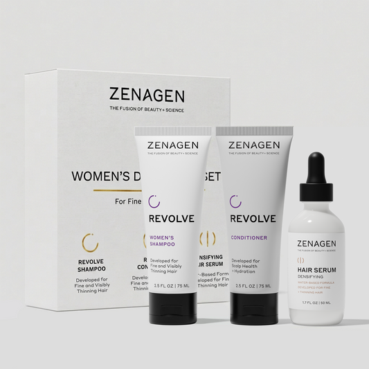 Zenagen Women’s Densifying Hair Care System featuring Revolve Women’s Shampoo, Conditioner, and Densifying Hair Serum for fine and visibly thinning hair.
