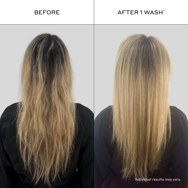 Before and after comparison showing visibly smoother, softer, fuller-looking blonde hair after one wash with Zenagen Zenergy thickening volumizing shampoo for fine, thinning, frizzy hair. Individual results may vary.