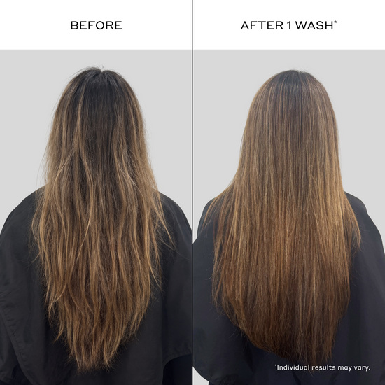 Before and after brunette hair transformation demonstrating smoother texture, reduced frizz, enhanced shine, and fuller-looking volume after one wash using Zenagen Zenergy shampoo.