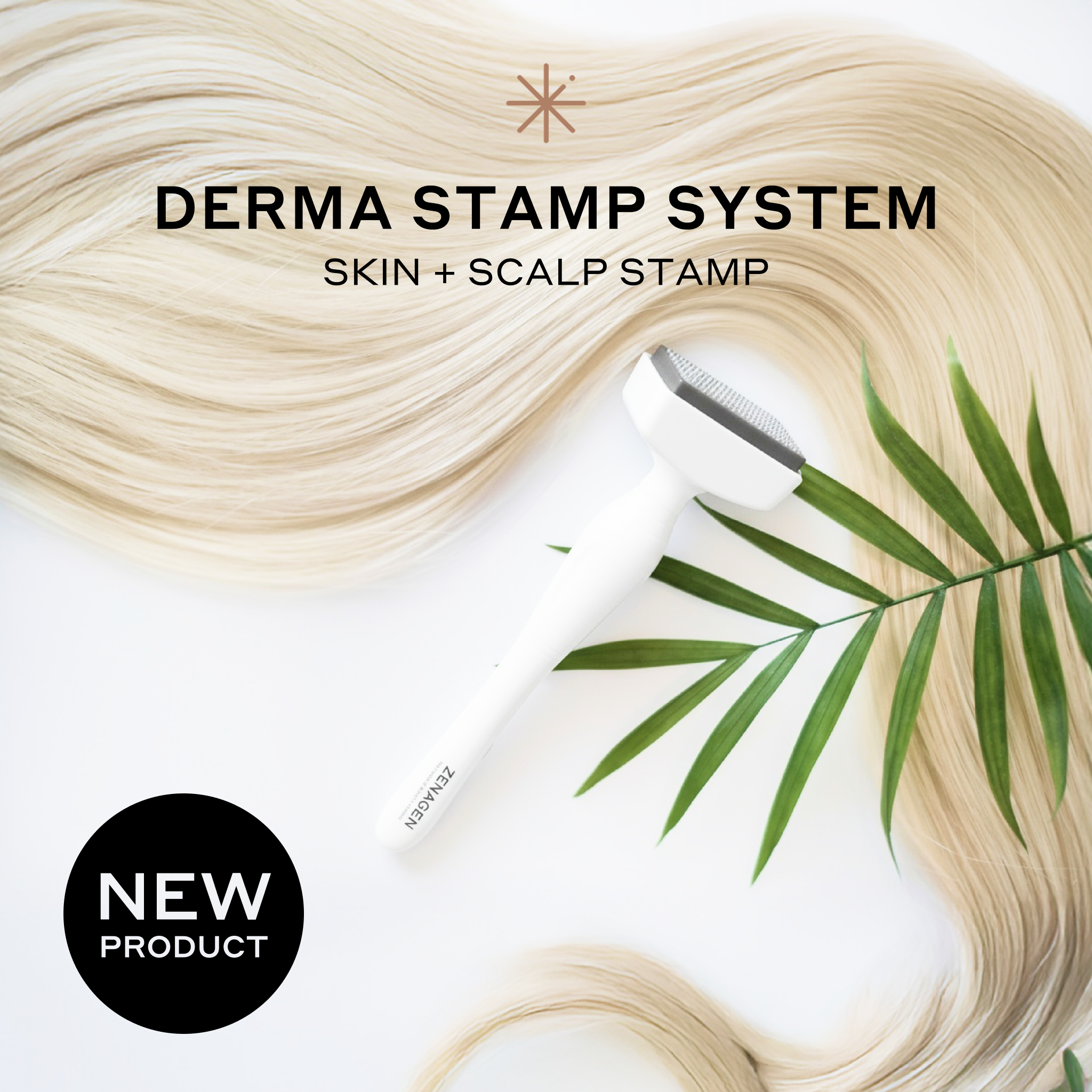 Derma stamp system product with hair and leaf on a light background